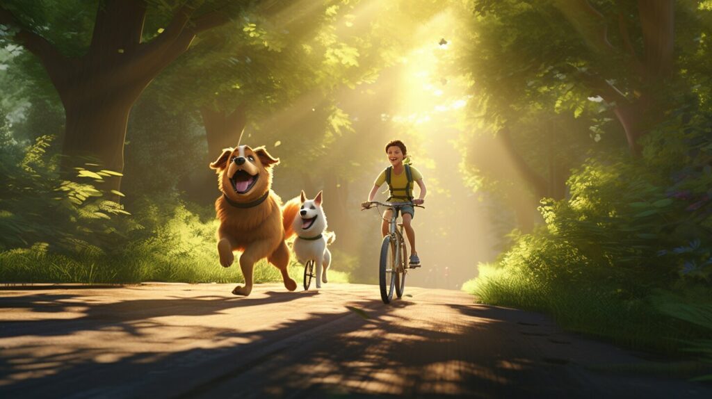 mit zwei hund am fahrrad fahren